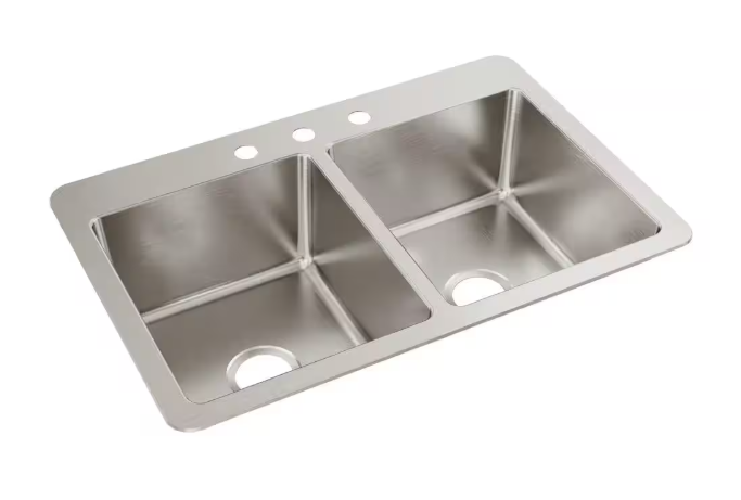 Elkay HDDBD33229TR3 3 Holes Double Bowl Kitchen Sink 33" x 22" x 9" Stainless Steel