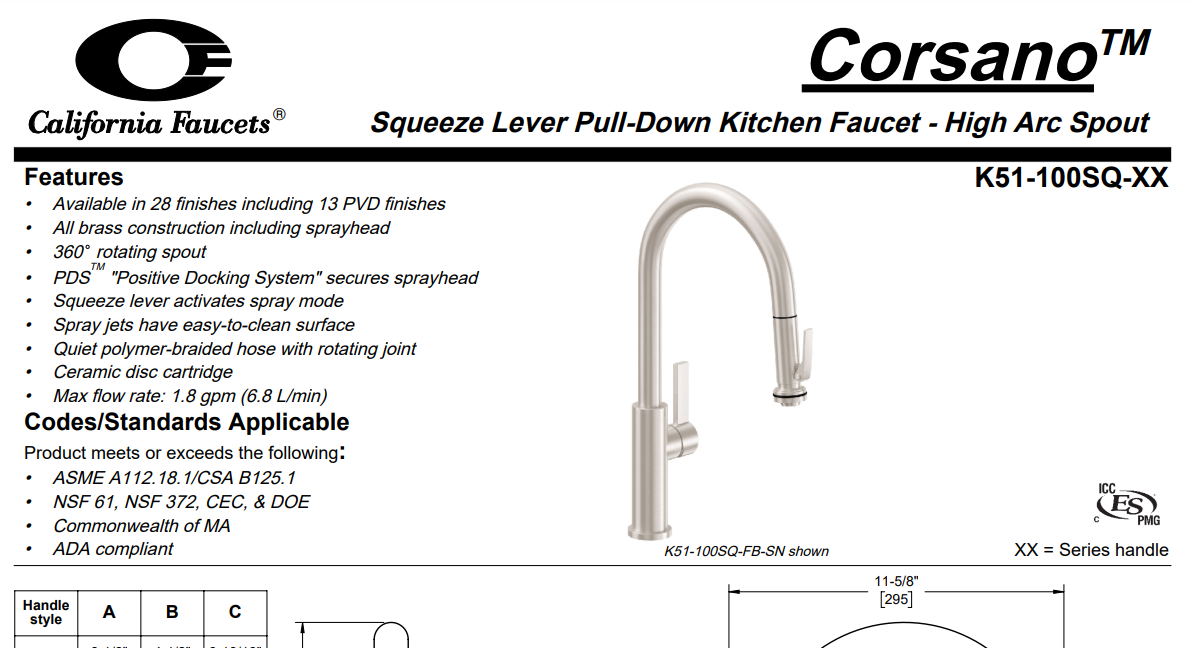 California Faucet K51-100SQ-ST-BLK Corsano Pull-Down Kitchen Faucet with Squeeze Handle Sprayer, Specs Sheet
