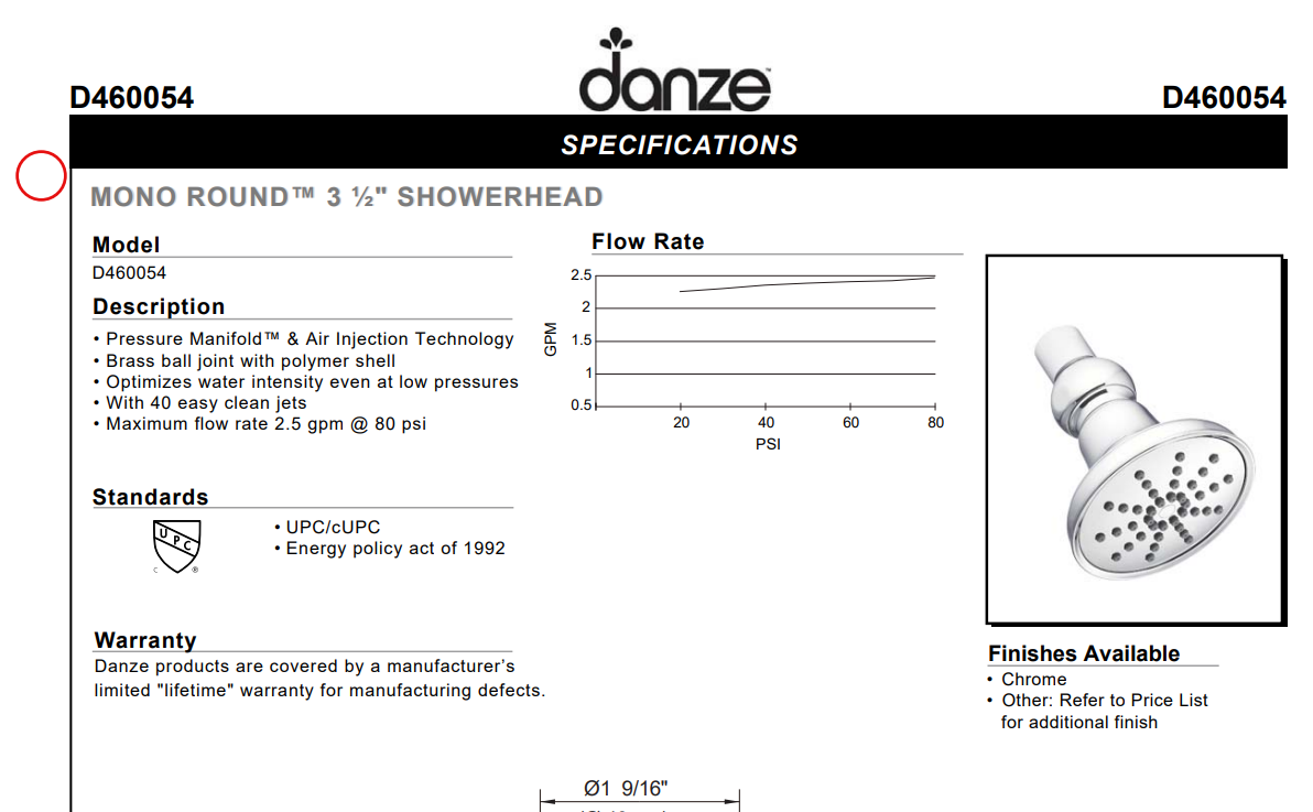 Danze D460054BR Specs Sheet