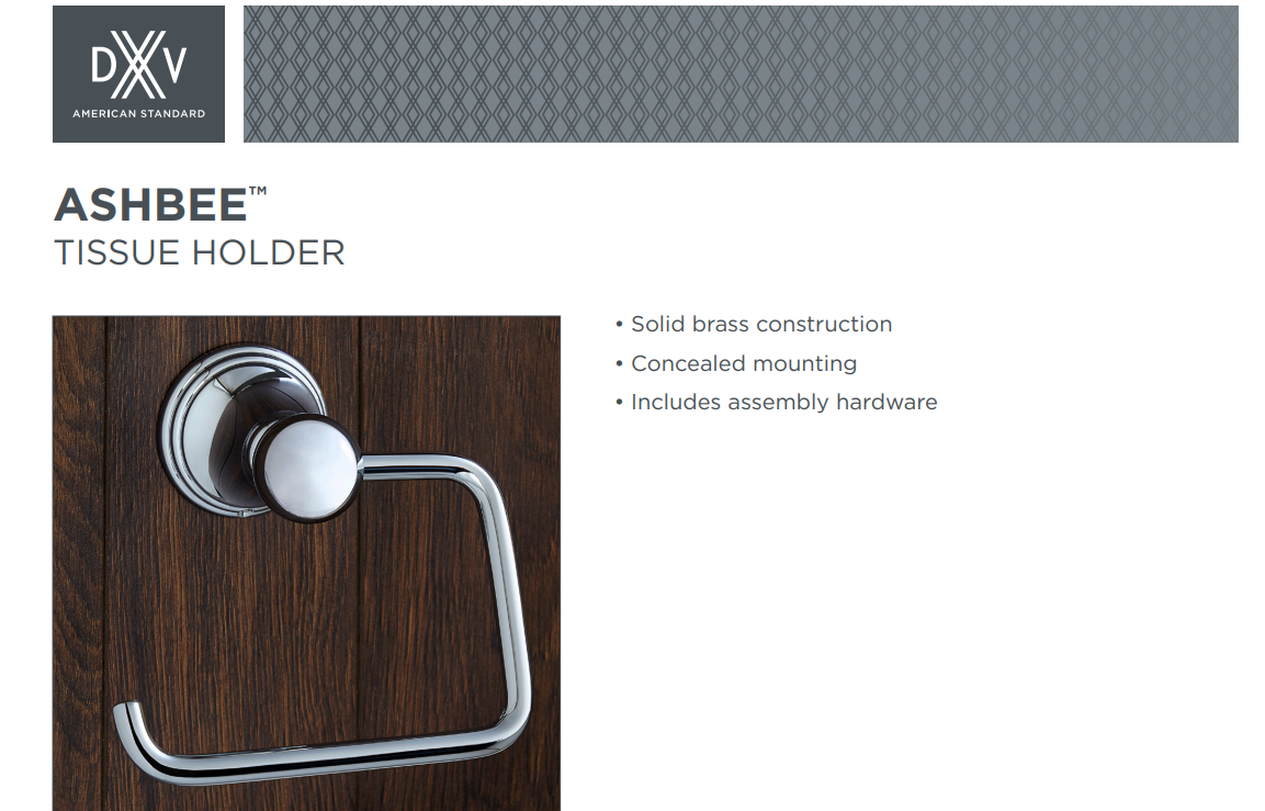 DXV D35101235.100 Ashbee Wall Mounted Euro Toilet Paper Holder, Specs Sheet