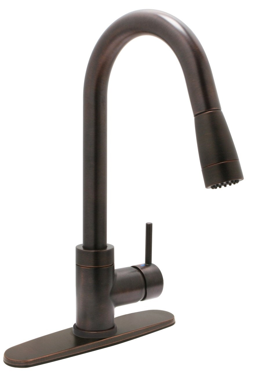 Huntington Brass K4980203-2C Modern Single Handle Pull-Down Kitchen Faucet with Deck Plate, Antique Bronze