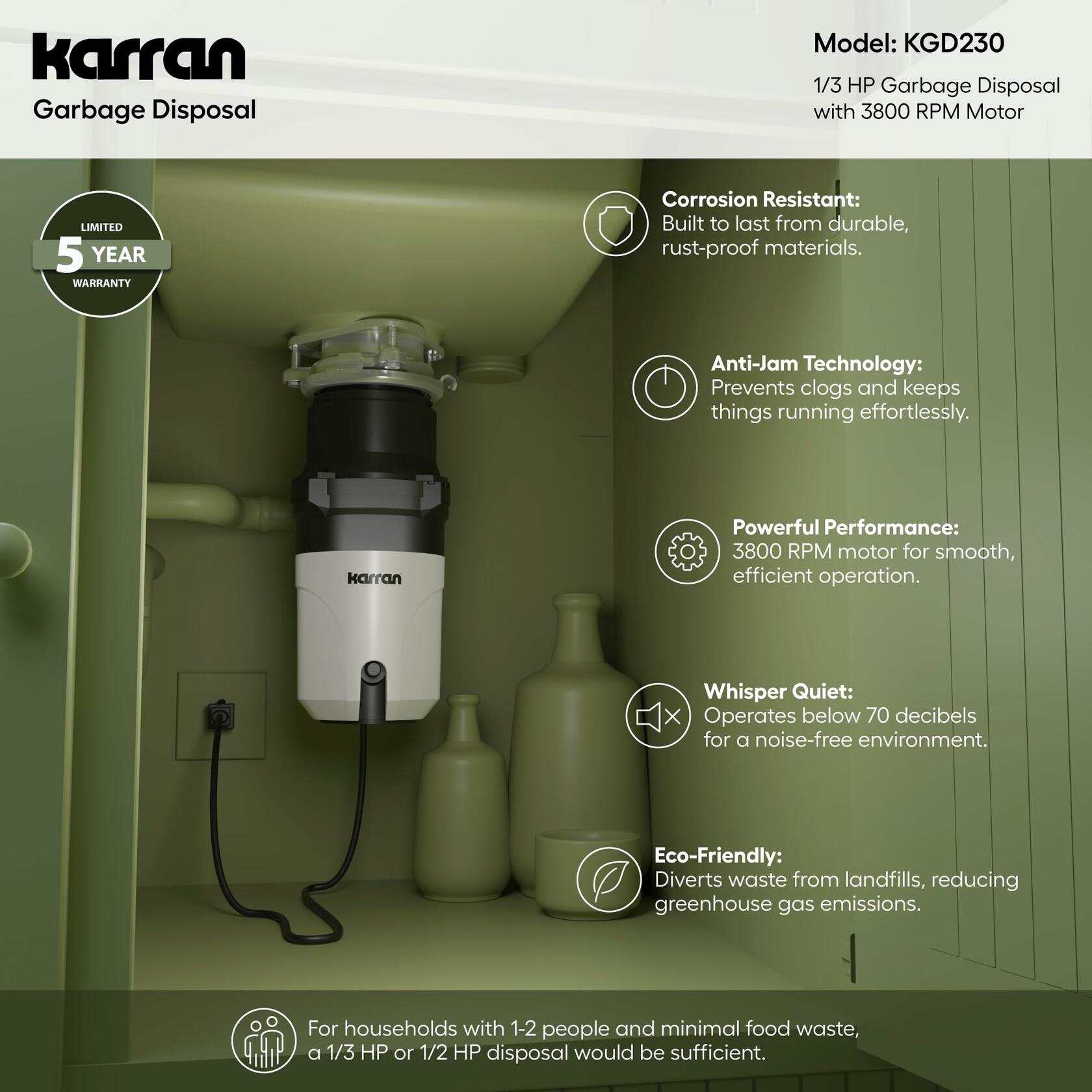 Karran 1/3 HP Continuous Feed Garbage Disposal for Kitchen Sinks with Power Cord and Accessories Included