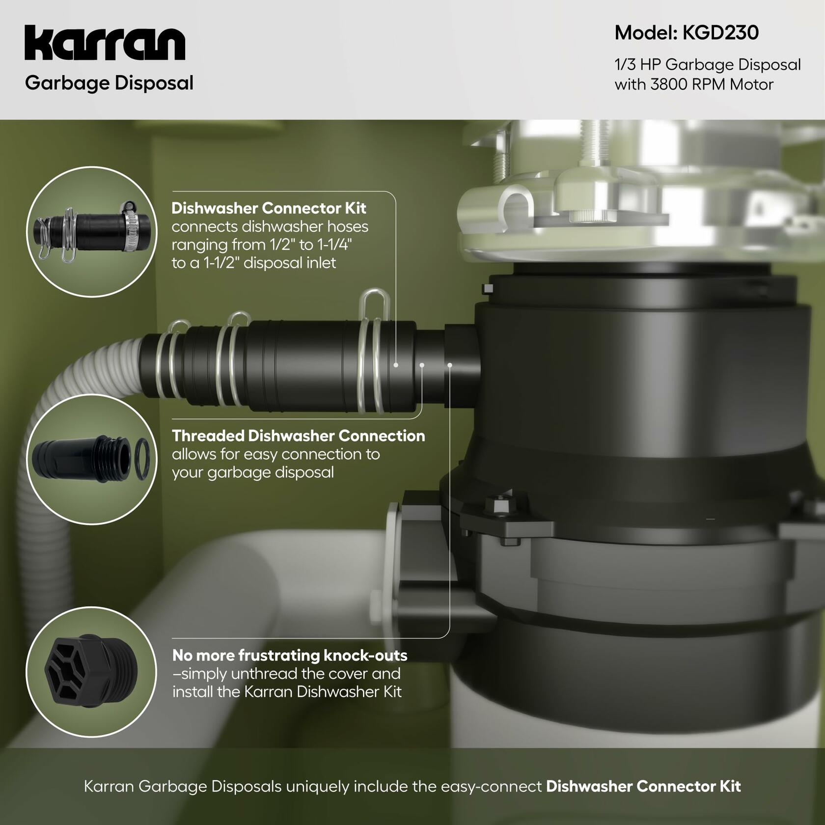 Karran 1/3 HP Continuous Feed Garbage Disposal for Kitchen Sinks with Power Cord and Accessories Included