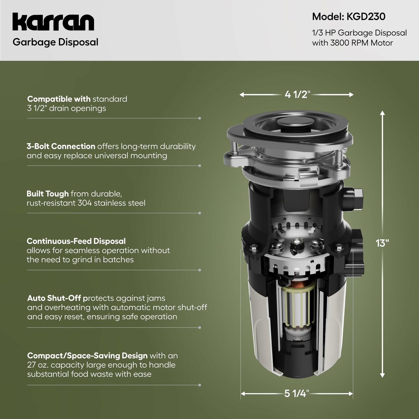 Karran 1/3 HP Continuous Feed Garbage Disposal for Kitchen Sinks with Power Cord and Accessories Included
