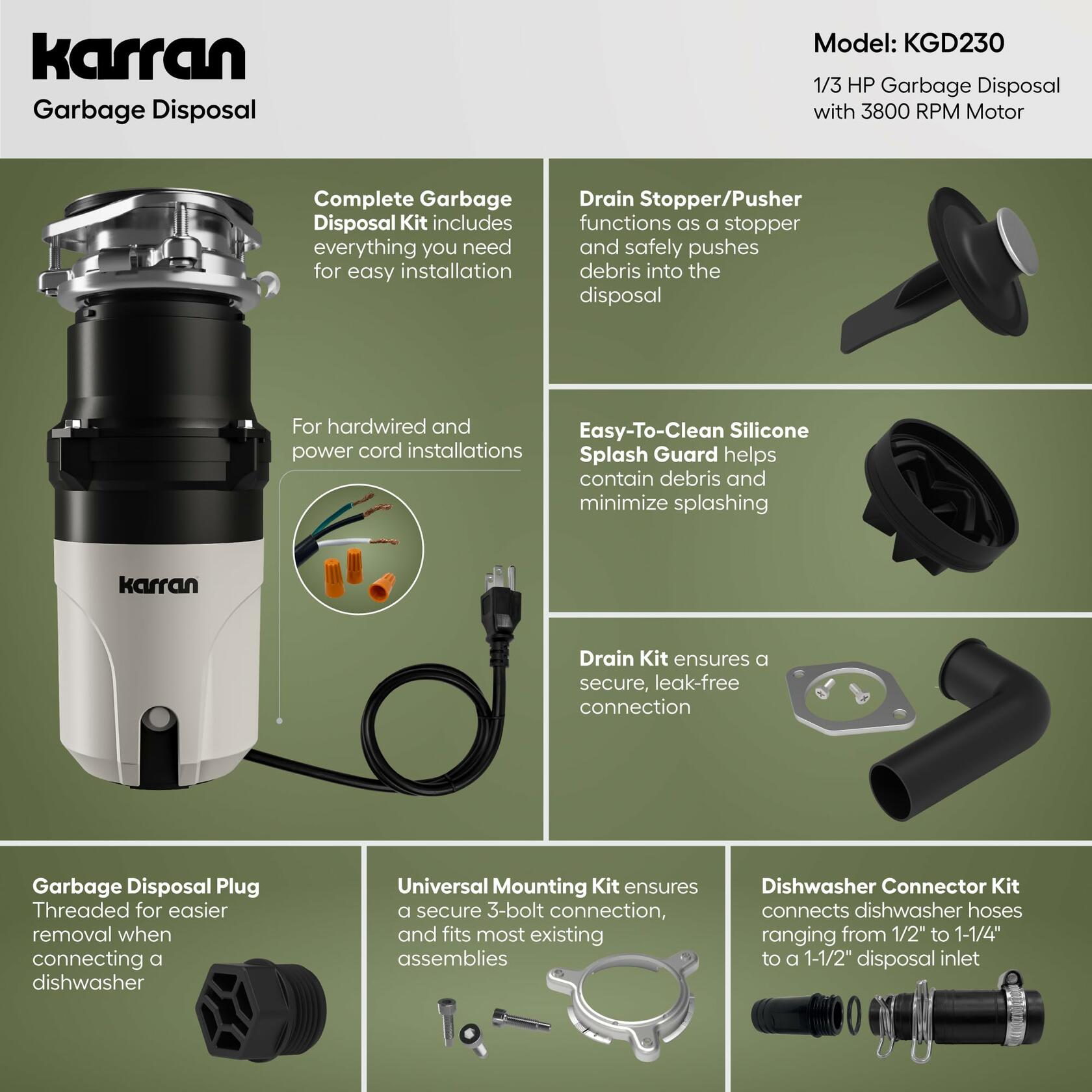 Karran 1/3 HP Continuous Feed Garbage Disposal for Kitchen Sinks with Power Cord and Accessories Included