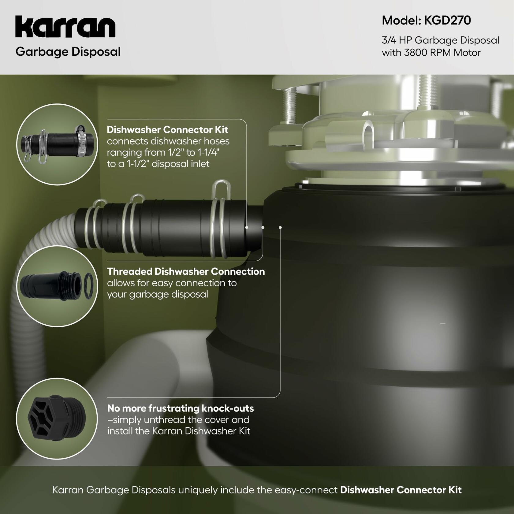 Karran 3/4 HP Continuous Feed Garbage Disposal for Kitchen Sinks with Power Cord and Accessories Included