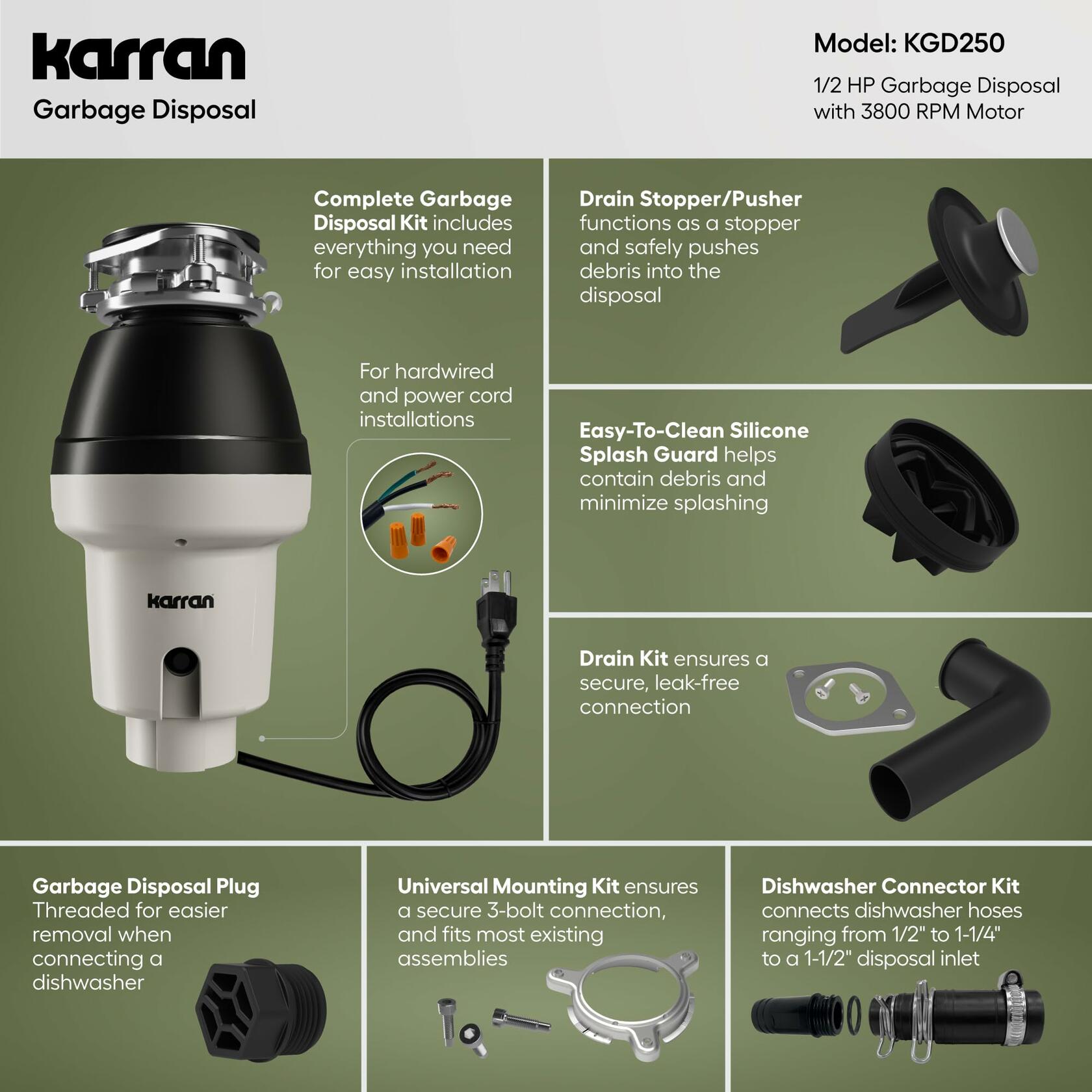 Karran 1/2 HP Continuous Feed Garbage Disposal for Kitchen Sinks with Power Cord and Accessories Included