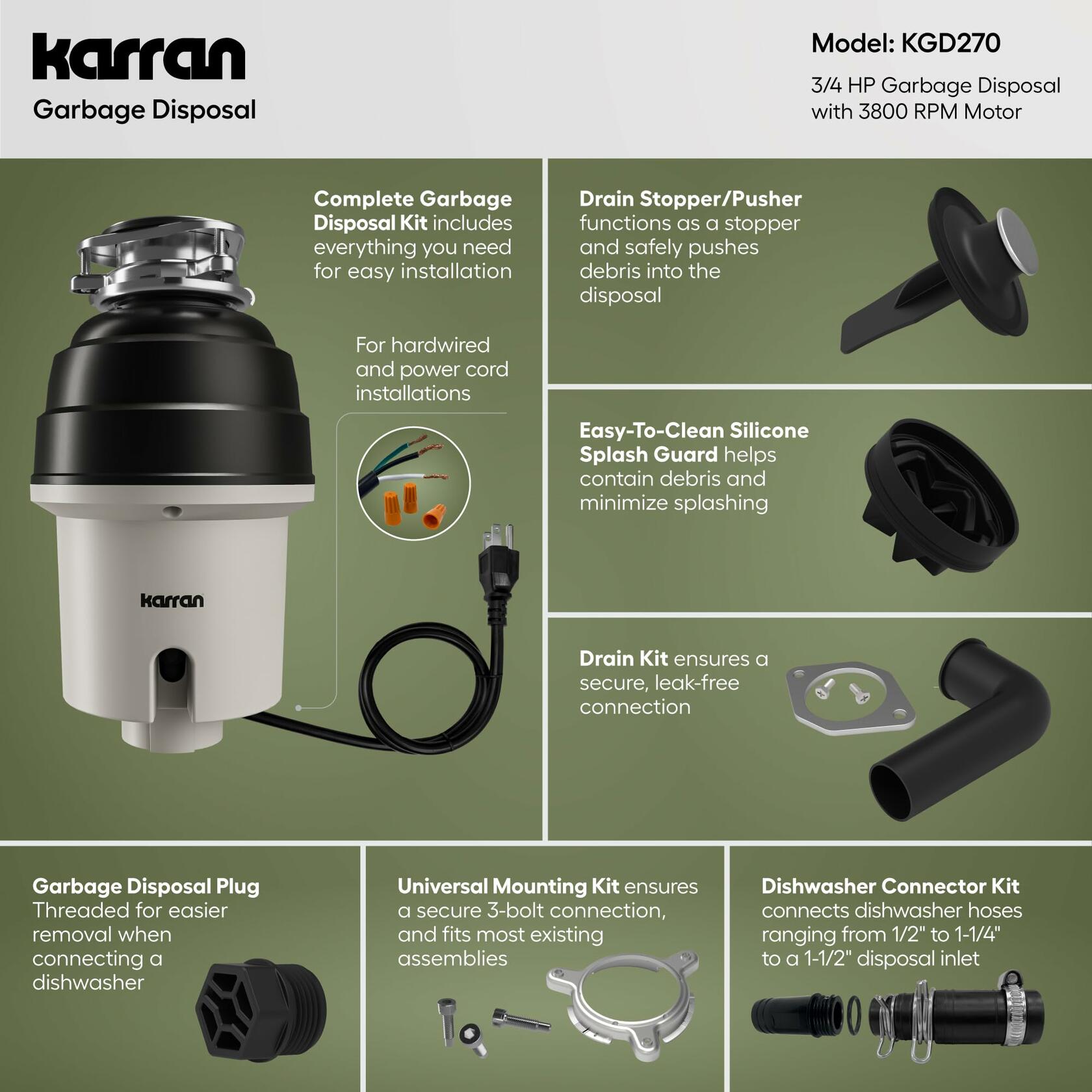 Karran 3/4 HP Continuous Feed Garbage Disposal for Kitchen Sinks with Power Cord and Accessories Included