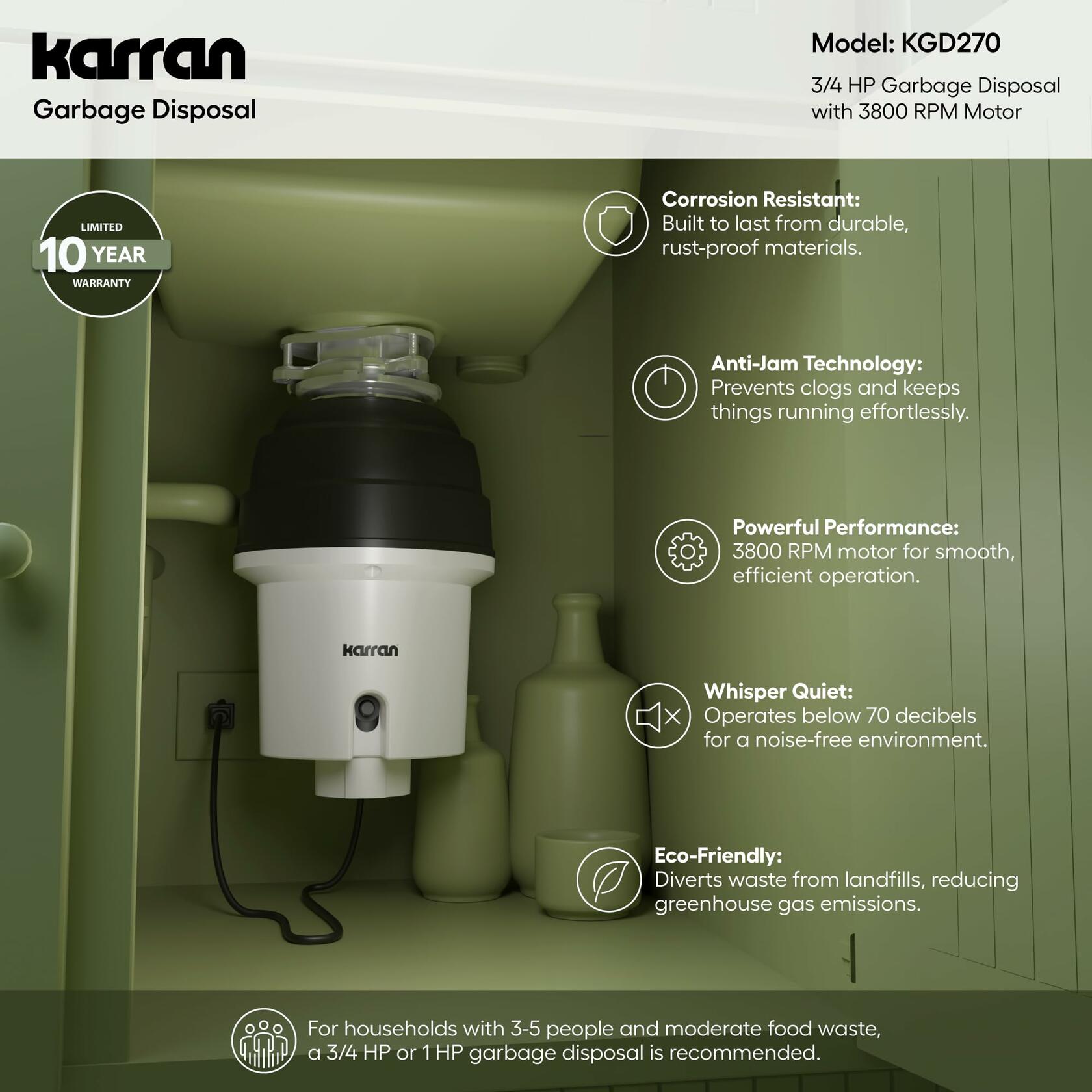 Karran 3/4 HP Continuous Feed Garbage Disposal for Kitchen Sinks with Power Cord and Accessories Included