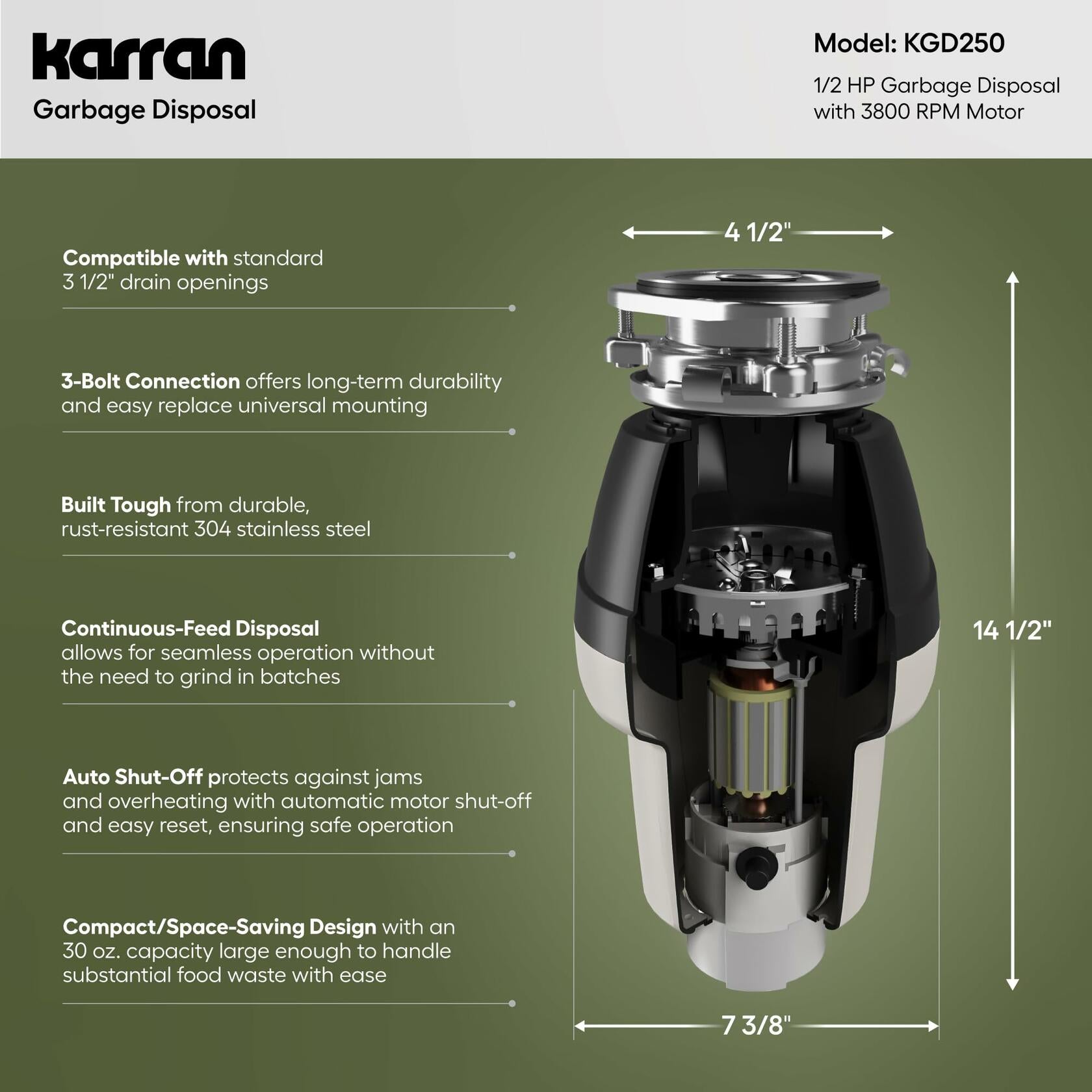 Karran 1/2 HP Continuous Feed Garbage Disposal for Kitchen Sinks with Power Cord and Accessories Included