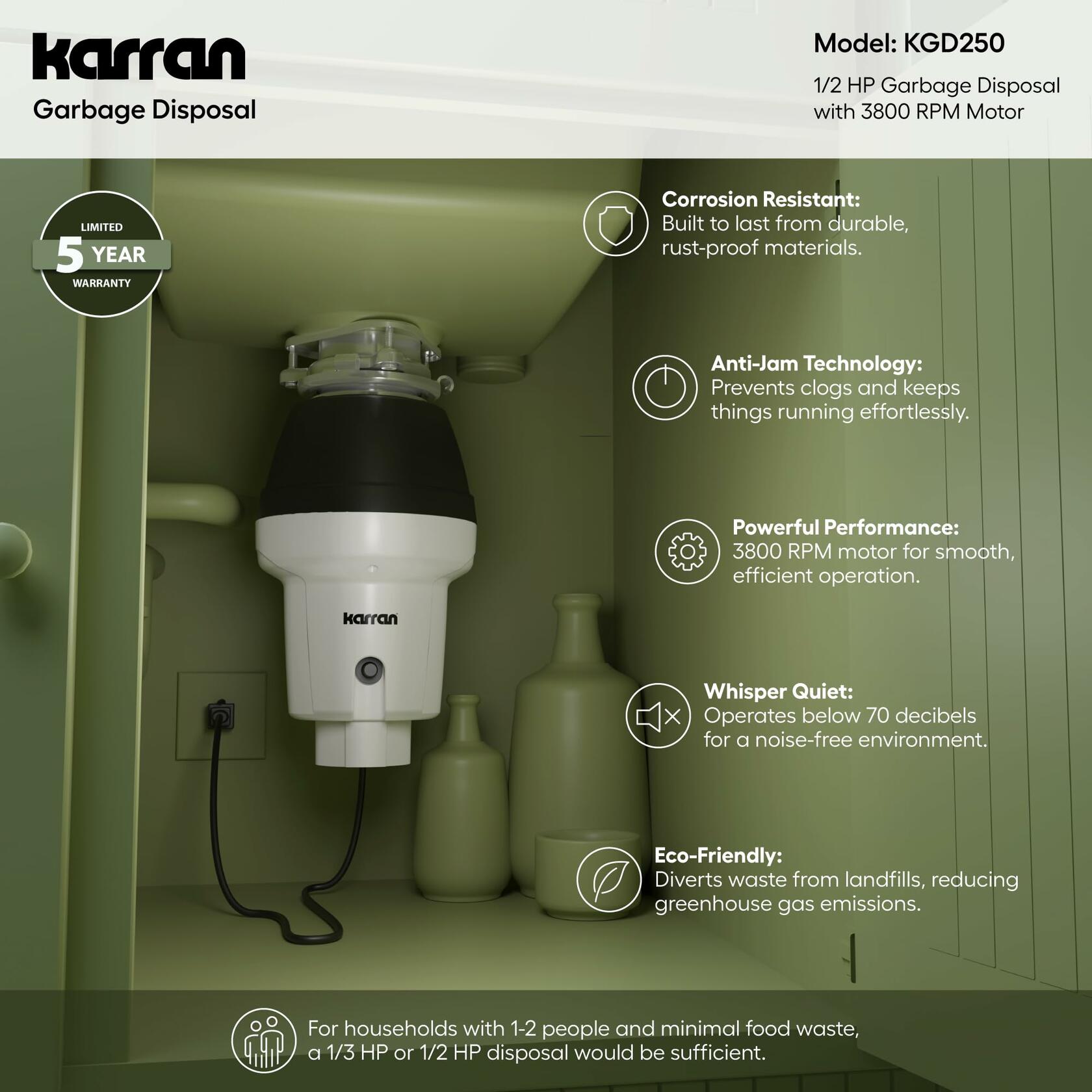Karran 1/2 HP Continuous Feed Garbage Disposal for Kitchen Sinks with Power Cord and Accessories Included