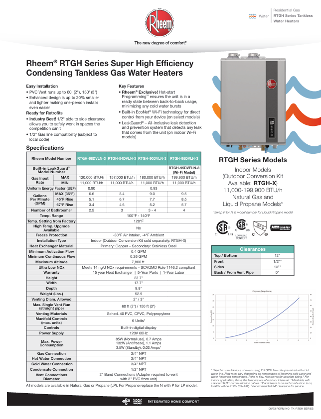 Rheem ECOH200DVELN-3 Performance Platinum 9.5 GPM Smart Super High Efficiency Indoor or Outdoor Natural Gas Tankless Water Heater