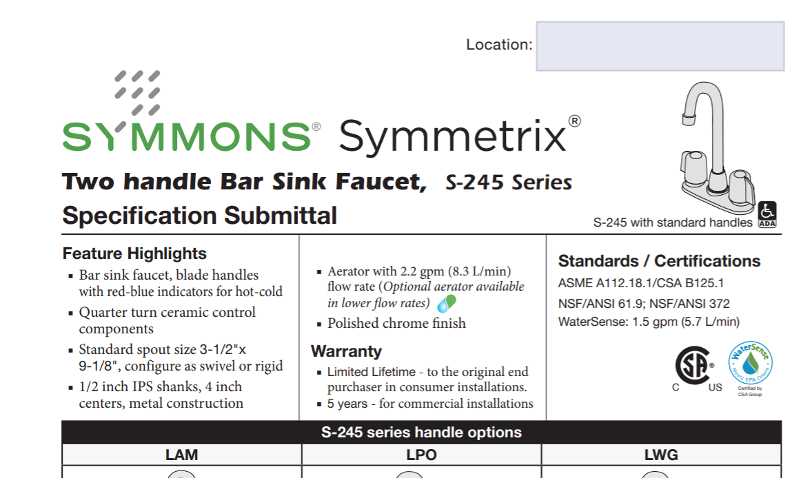 Symmons S-245-LWG Specs Sheet