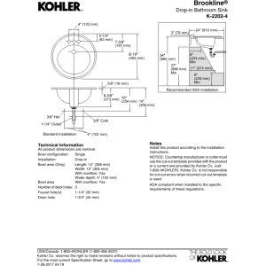 KOHLER K-2202-4-0 Brookline 19" Round Drop-In Bathroom Sink, 4" Centerset, White