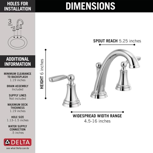 Delta Woodhurst Chrome Bathroom Faucet 3 Hole, 8 Inch Widespread Bathroom Sink Faucet for Vanity, Metal Push-Pop Drain Assembly, Chrome 3532LF