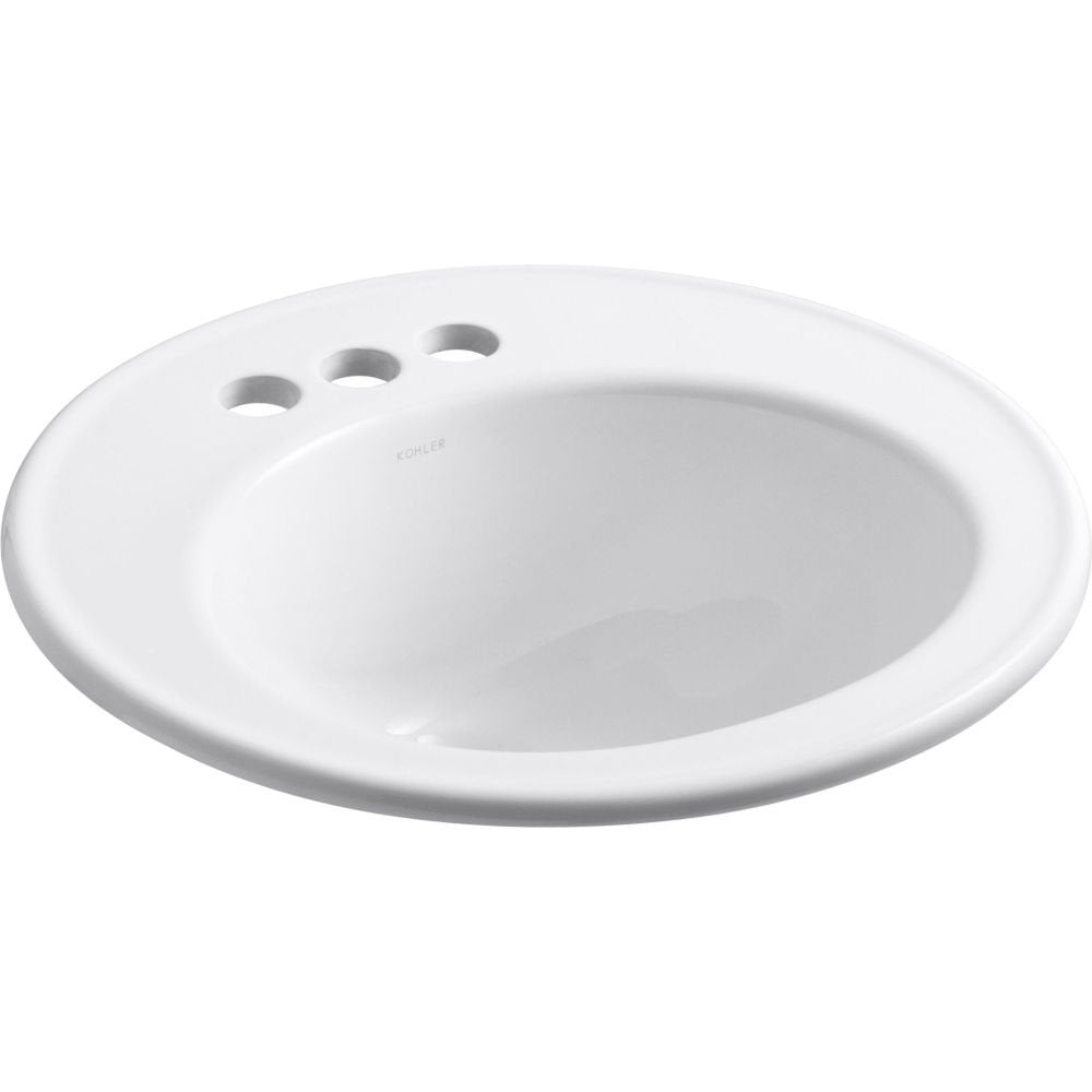 KOHLER K-2202-4-0 Brookline 19" Round Drop-In Bathroom Sink, 4" Centerset, White