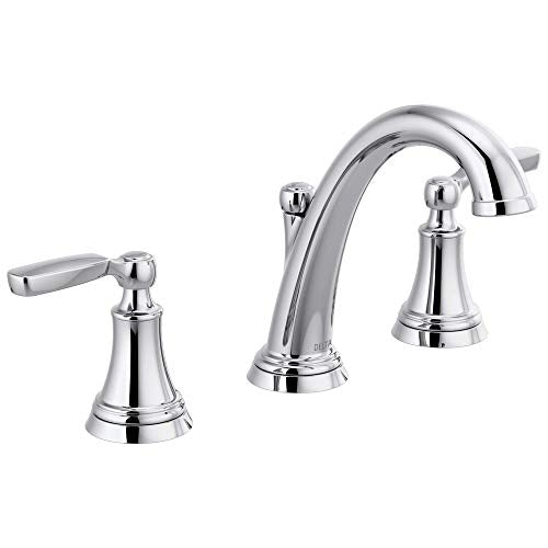 Delta Woodhurst Chrome Bathroom Faucet 3 Hole, 8 Inch Widespread Bathroom Sink Faucet for Vanity, Metal Push-Pop Drain Assembly, Chrome 3532LF