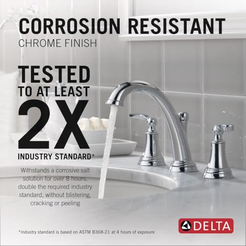 Delta Woodhurst Chrome Bathroom Faucet 3 Hole, 8 Inch Widespread Bathroom Sink Faucet for Vanity, Metal Push-Pop Drain Assembly, Chrome 3532LF