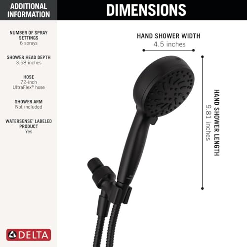 Delta Faucet ProClean 75740BL Handheld Shower Head – Matte Black High Pressure Showerhead with 6 Spray Settings, Wide Cleaning Spray