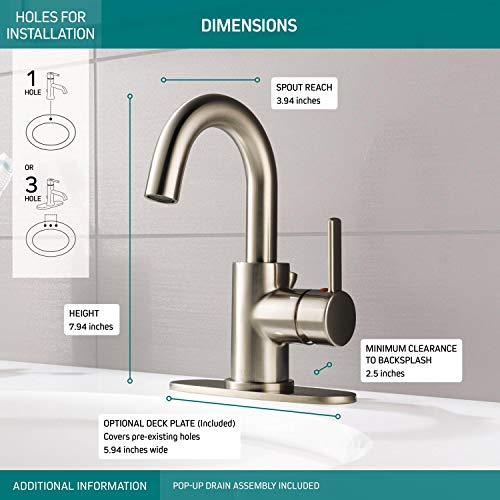 Peerless Precept Single Hole Bathroom Faucet Brushed Nickel, Single Handle Bathroom Faucet, Drain Assembly, Brushed Nickel P191102LF-BN