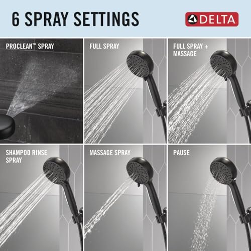 Delta Faucet ProClean 75740BL Handheld Shower Head – Matte Black High Pressure Showerhead with 6 Spray Settings, Wide Cleaning Spray