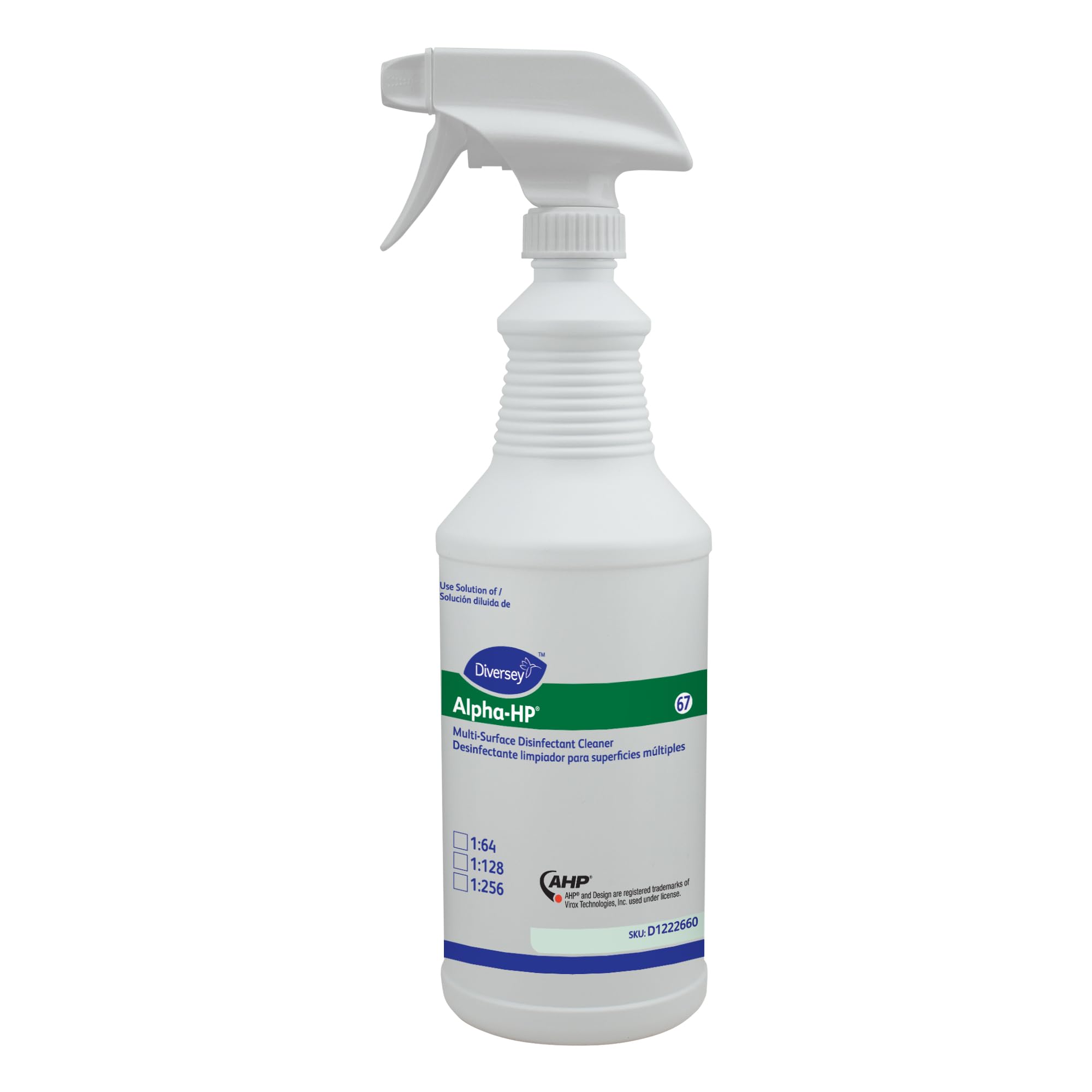 Diversey D1222660 Alpha-HP Multi-Surface Disinfectant Cleaner, Empty Refill Bottles with Preprinted Label and sprayer nozzle, 32-Ounce (Pack of 12)