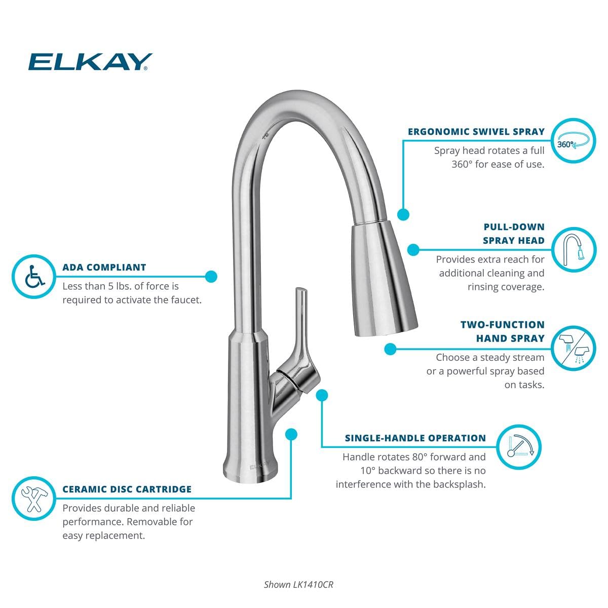 Elkay LK1410 Single-Handle 2-Setting Pull-Down Spray Kitchen Faucet (Various Finishes: Chrome, Matte Black, Lustrous Steel)