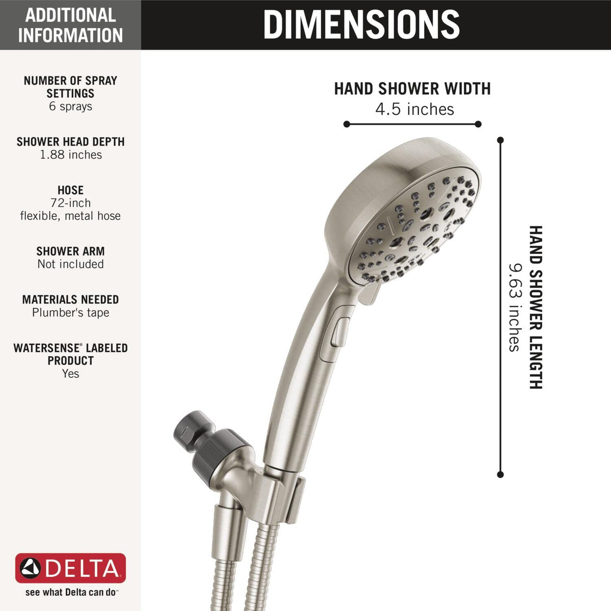 Delta 75536SN Universal Showering H2Okinetic 6-Setting Hand Shower, Satin Nickel