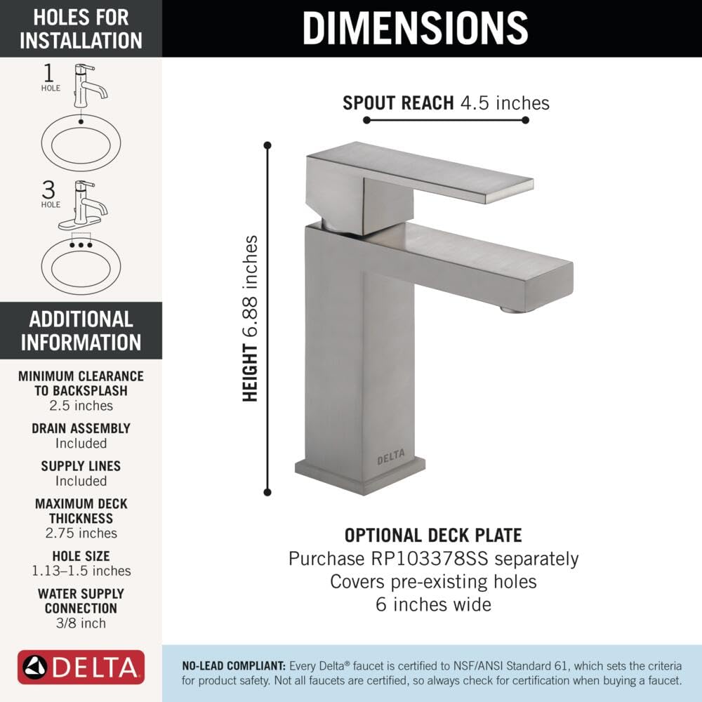 Delta Modern Brushed Nickel Bathroom Faucet 1 Hole, Single Hole Bathroom Sink Faucet for Vanity, Metal Push-Pop Drain Assembly, Stainless 567LF-SSPP