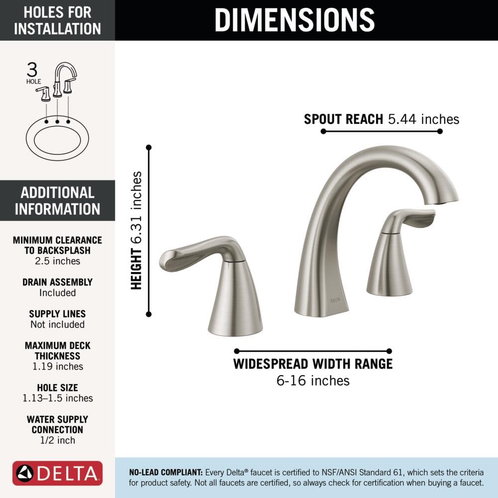 Delta Arvo Brushed Nickel Faucet 3 Hole, 8 Inch Widespread Bathroom Sink Faucet for Vanity, Push-Pop Drain Assembly, Spotshield Stainless 35840LF-SP