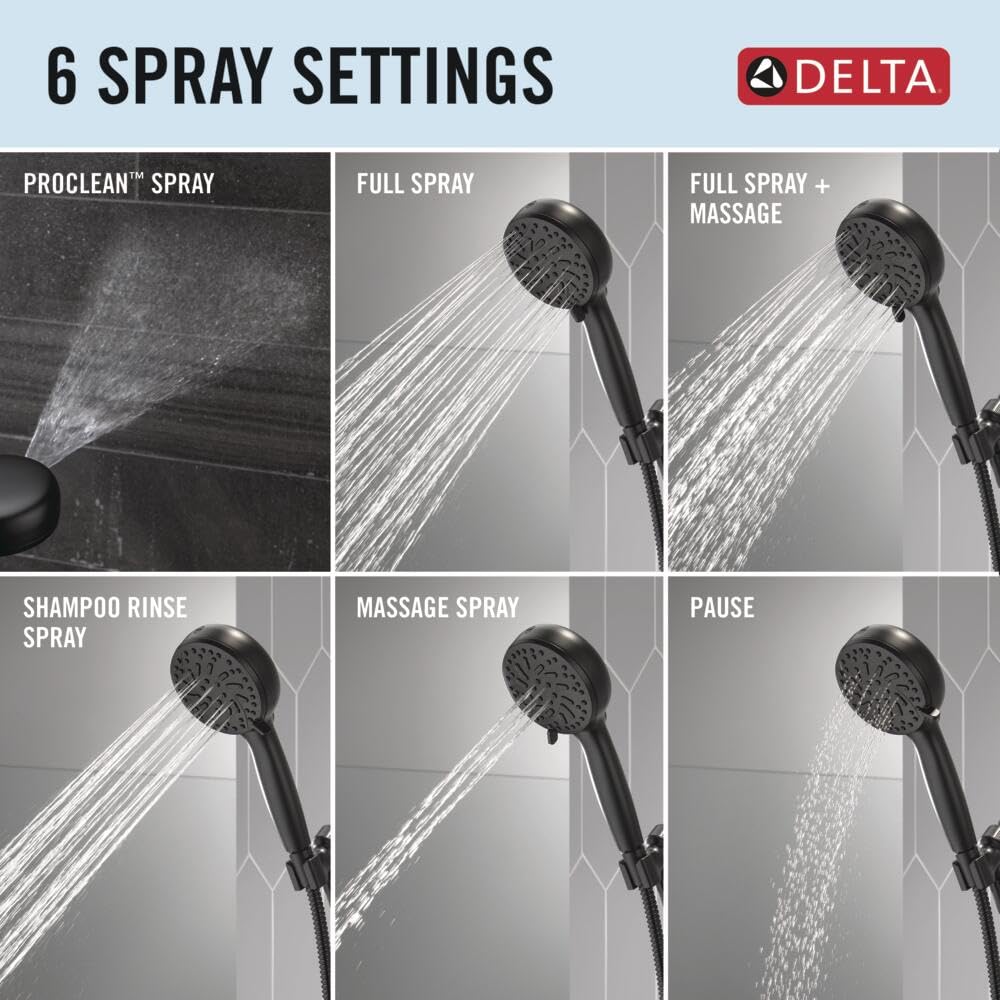 Delta Faucet ProClean 75740BL Handheld Shower Head – Matte Black High Pressure Showerhead with 6 Spray Settings, Wide Cleaning Spray