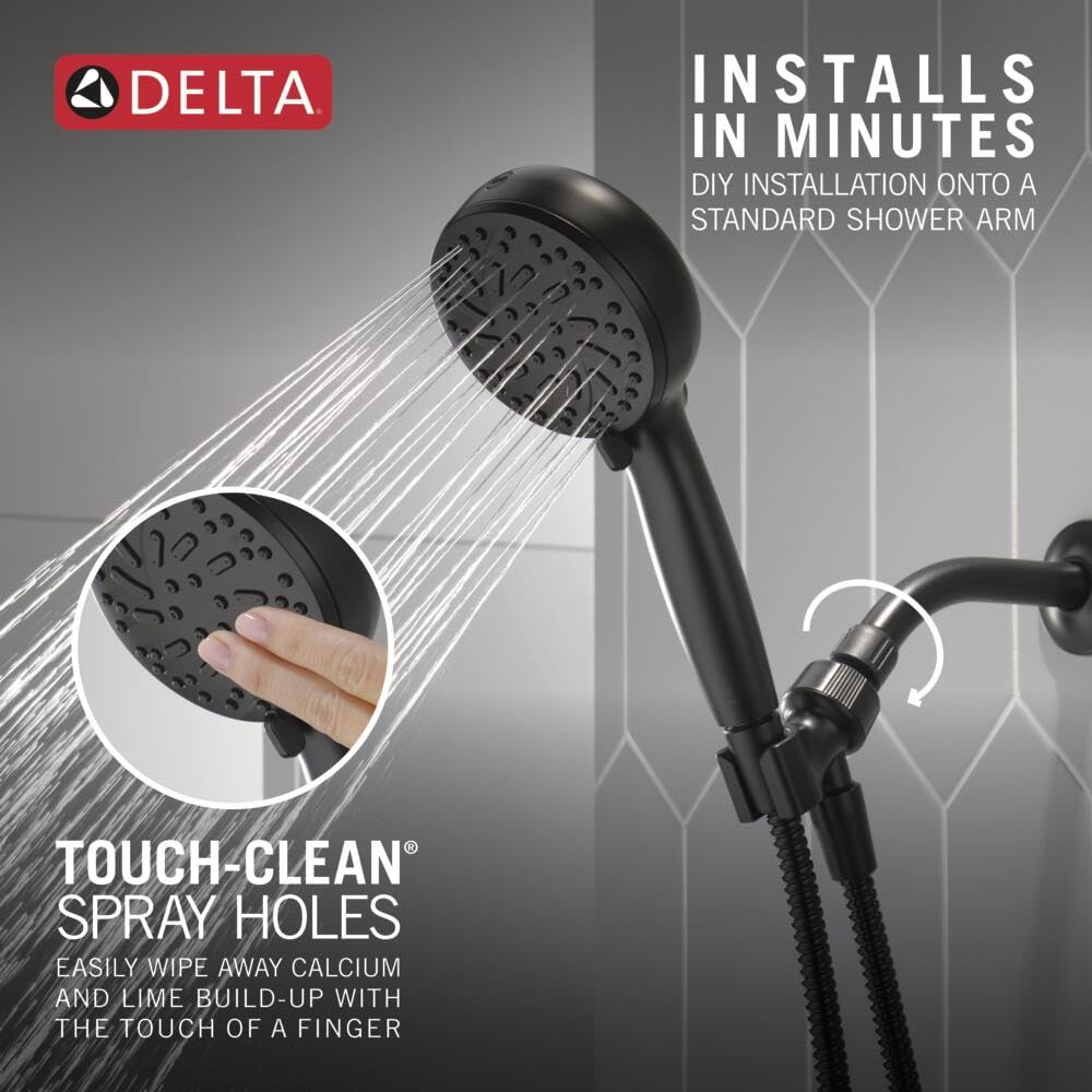 Delta Faucet ProClean 75740BL Handheld Shower Head – Matte Black High Pressure Showerhead with 6 Spray Settings, Wide Cleaning Spray
