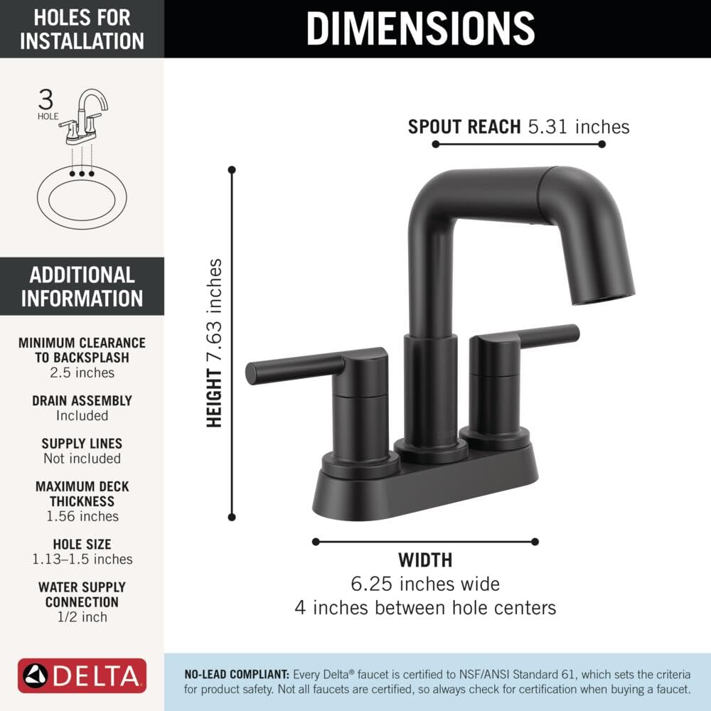 Delta Nicoli 25849LF-BLPD 4 in. Centerset Two Handle Bathroom Faucet with Pull-Down Spout, Matte Black
