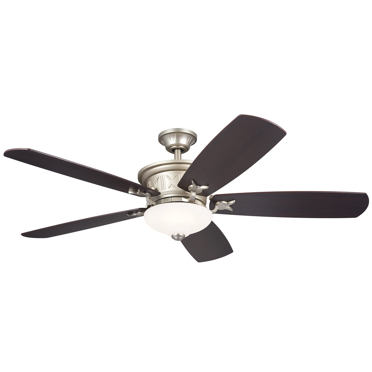 Kichler 56 Inch Crescent 5 Blade LED Indoor Ceiling Fan with Etched Cased Opal Glass in Brushed Nickel with Reversible Walnut and Cherry Blades