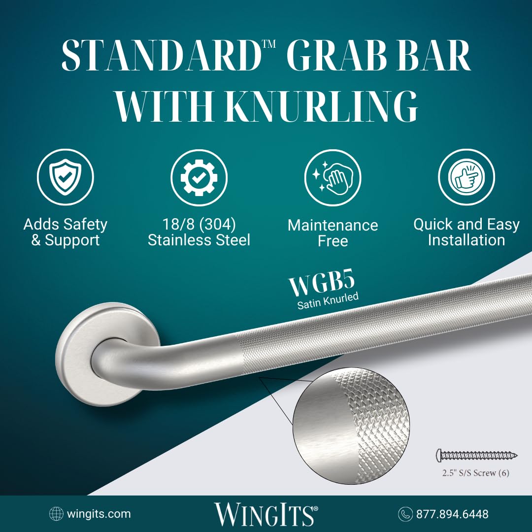 WingIts WGB5SSKN18 STANDARD Grab Bar, Diamond Knurled Grip, Concealed Mount, Satin Knurled Stainless Steel