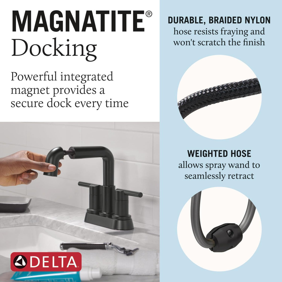 Delta Nicoli 25849LF-BLPD 4 in. Centerset Two Handle Bathroom Faucet with Pull-Down Spout, Matte Black