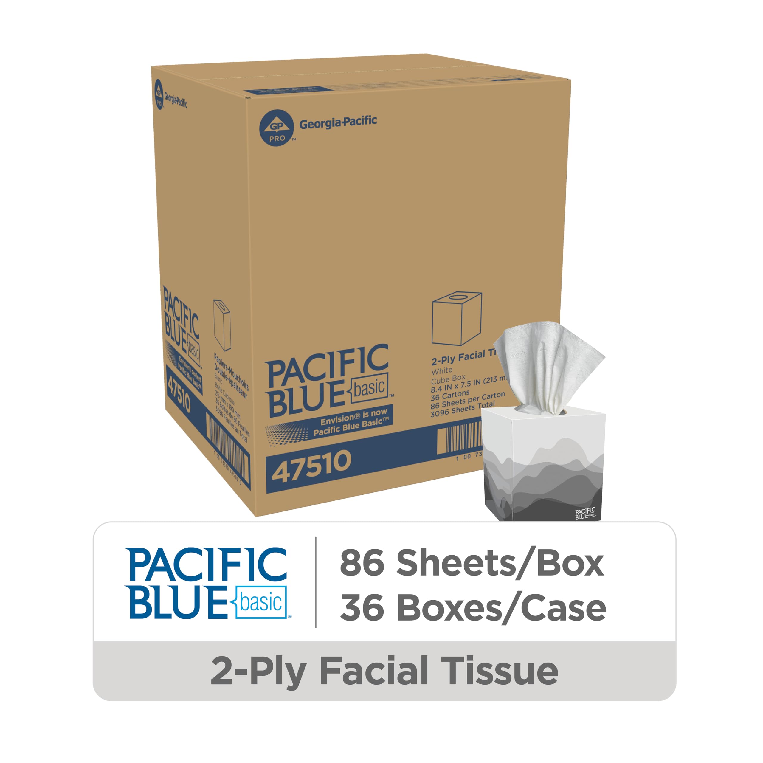 Georgia-Pacific Pacific Blue Basic 2-Ply Facial Tissue, 36 Boxes Bulk Case (47510)