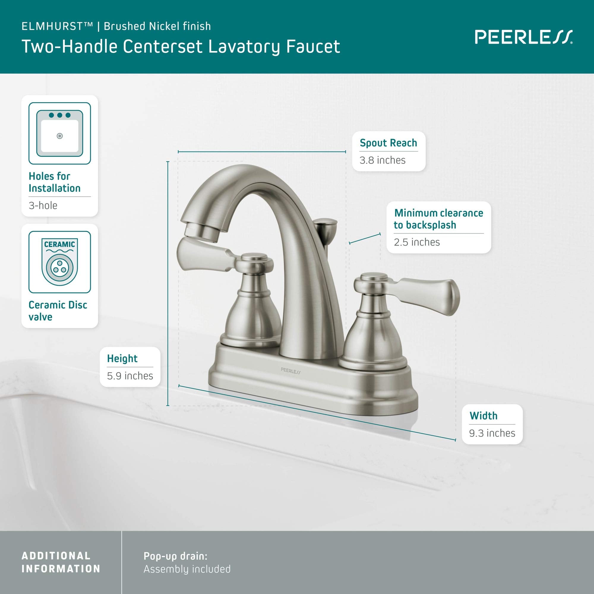 Peerless P2565LF-BN Elmhurst Two-Handle Bath Faucet Centerset, Brushed Nickel