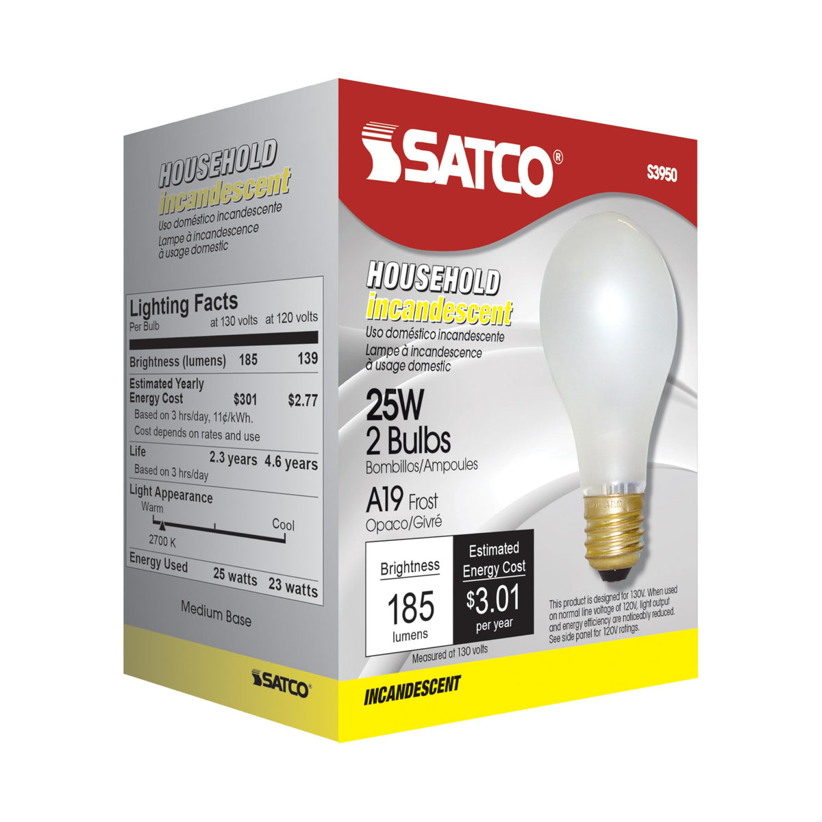 Satco S3950 A19 Incandescent, Medium Base, 2 BULBS, White