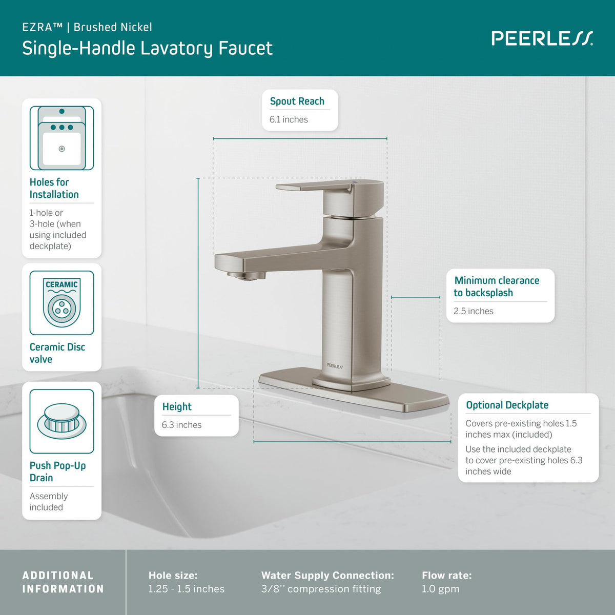 Peerless Ezra Single Hole Bathroom Faucet, Brushed Nickel Bathroom Sink Faucet, Single Handle Bathroom Faucet, Bath Faucet, Push Pop-Up Drain Assembly, Brushed Nickel P1571LF-BN