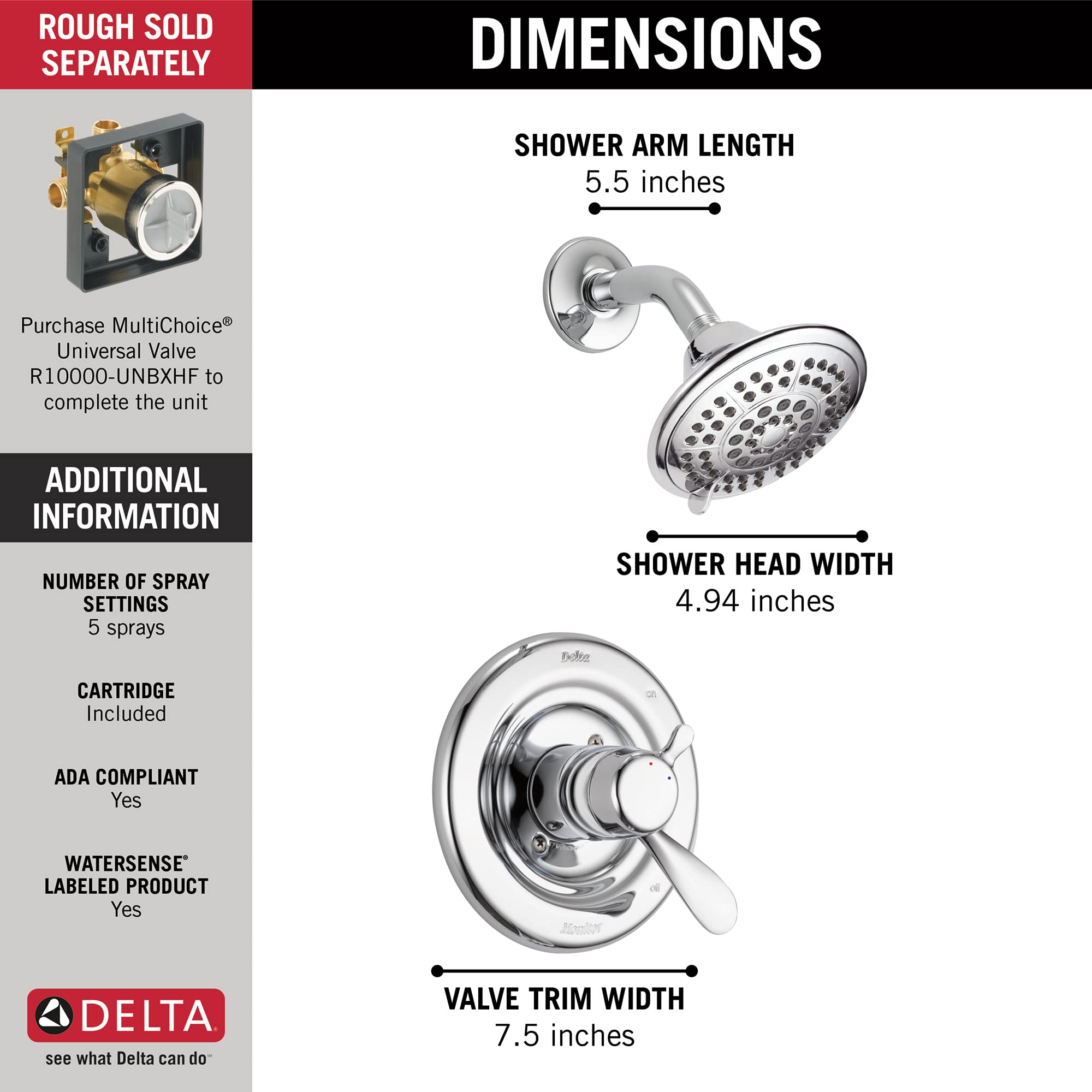 DELTA T17230 Classic Chrome Shower Only – Single Handle, Wall Mount, 7.5" Head