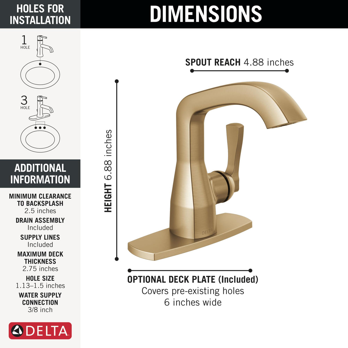 Delta Faucet Stryke Single Hole Bathroom Faucet, Gold Single Handle Bathroom Faucet, Bathroom Sink Faucet, Metal Push Pop-Up Drain, Lumicoat Champagne Bronze 576-CZ-PR-MPU-DST