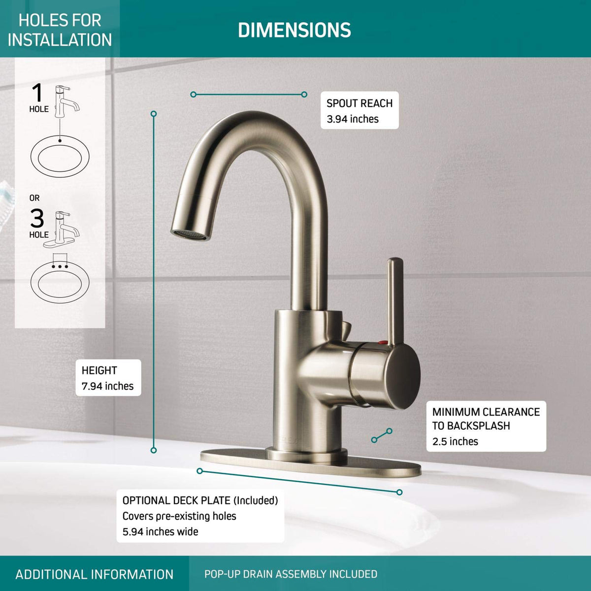 Peerless Precept Single Hole Bathroom Faucet Brushed Nickel, Single Handle Bathroom Faucet, Drain Assembly, Brushed Nickel P191102LF-BN