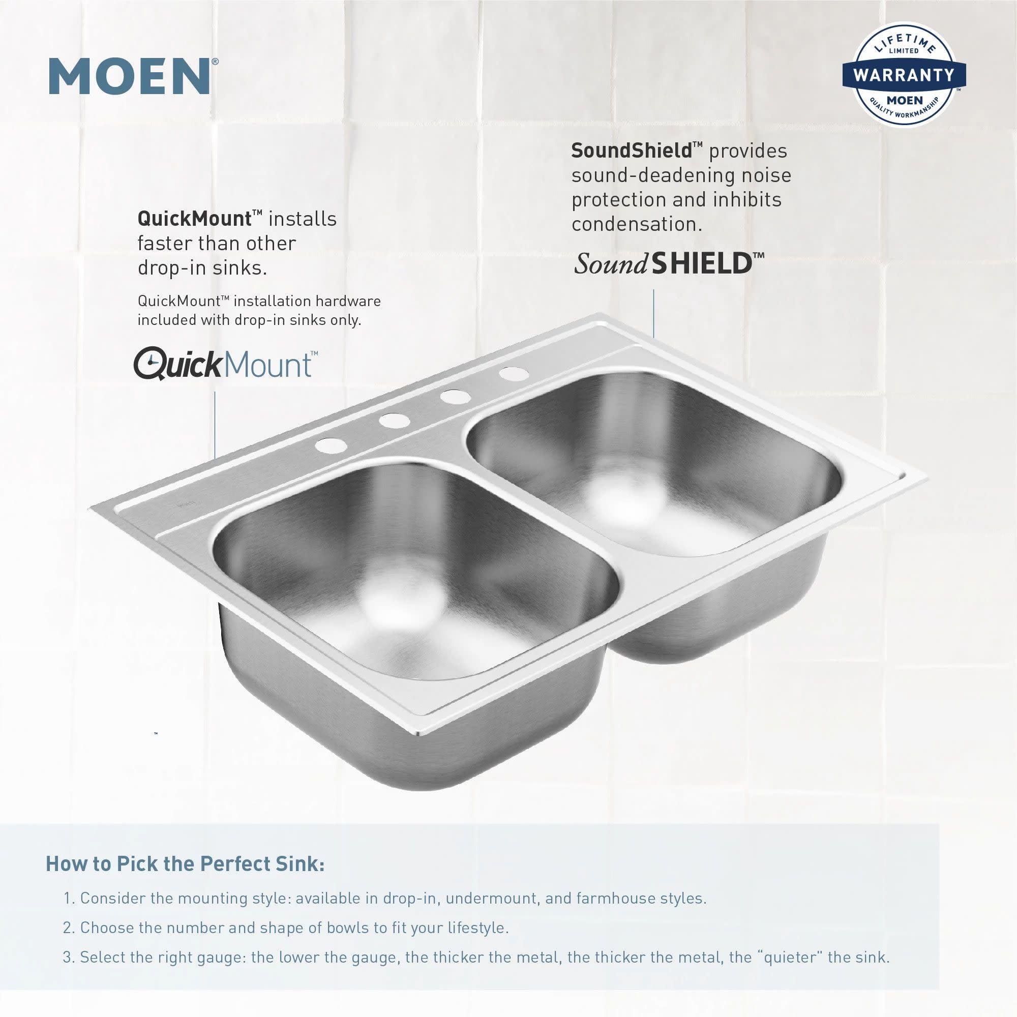 Moen GS181953Q 25" 18-Gauge Stainless Steel Drop-In Single Bowl Kitchen Sink