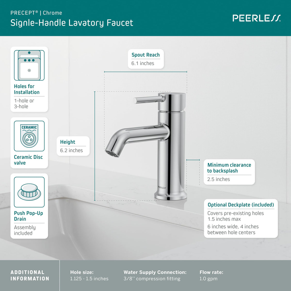 Peerless Precept Single Hole Bathroom Faucet, Chrome Bathroom Sink Faucet, Single Handle Bathroom Faucet, Bath Faucet, Push Pop-Up Drain Assembly, 1.0 GPM Flow, Chrome P1647LF