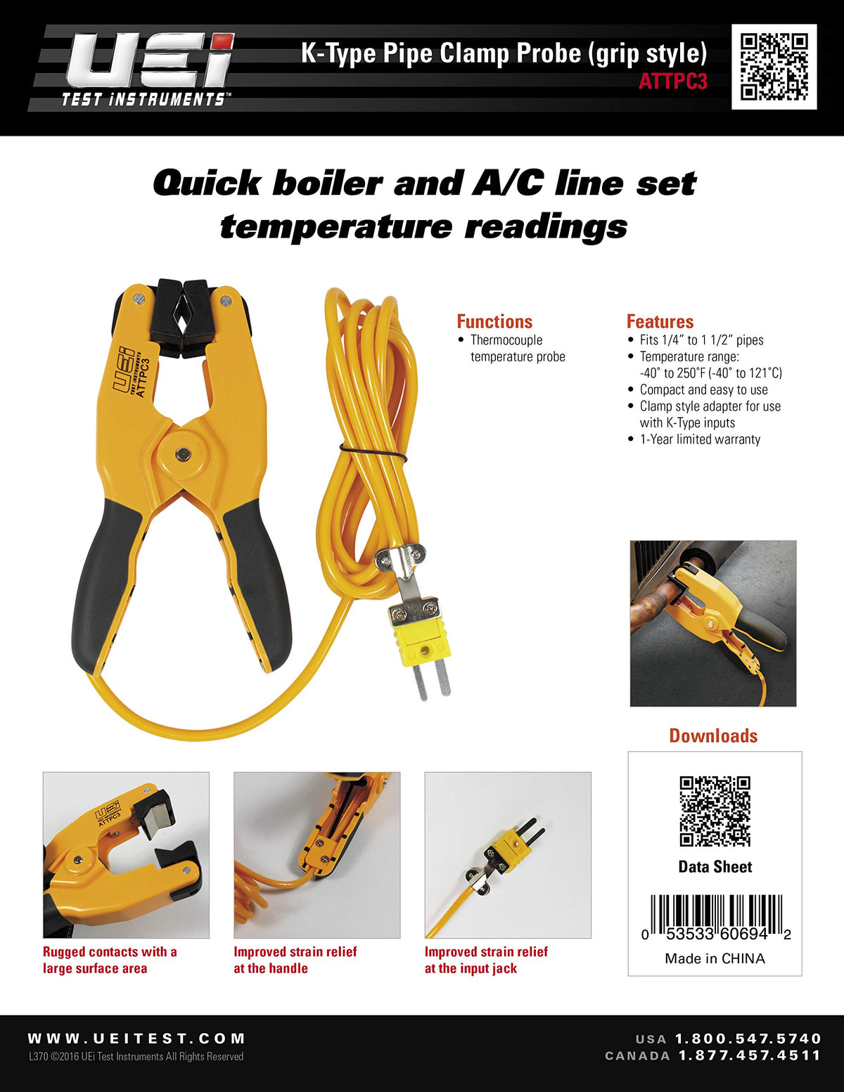 UEi ATTPC3 Pipe Clamp K-Type Thermocouple Adapter for Clamp Meters