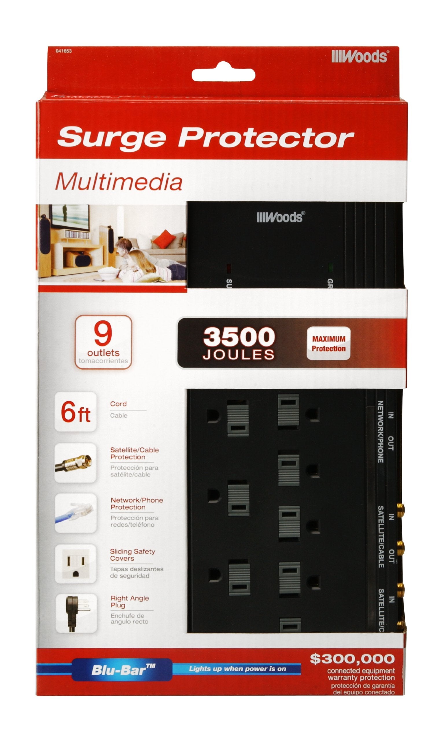 Woods 9-Outlet Surge Protector 3500 Joules 6ft Cord Phone Coax Black 41653