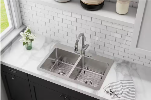 Elkay HDDBD33229TR3 3 Holes Double Bowl Kitchen Sink 33" x 22" x 9" Stainless Steel