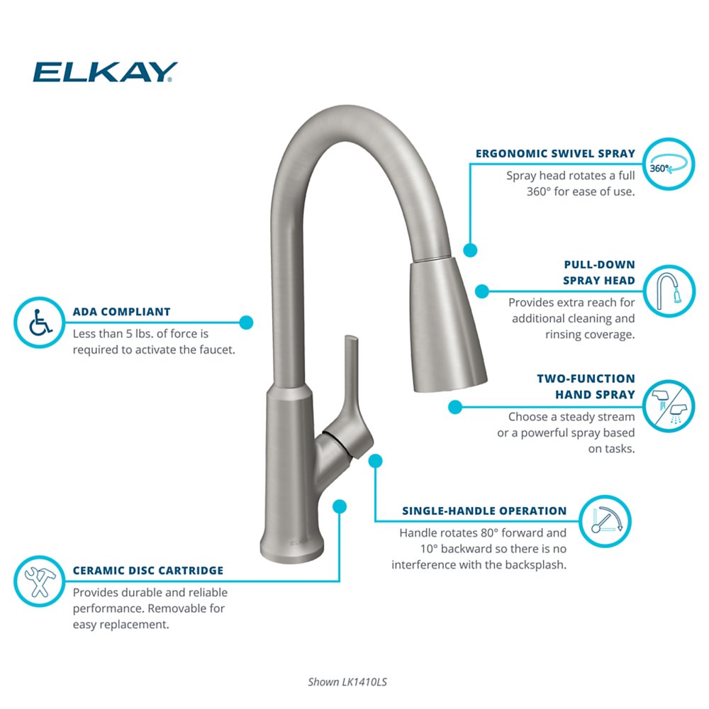 Elkay LK1410 Single-Handle 2-Setting Pull-Down Spray Kitchen Faucet (Various Finishes: Chrome, Matte Black, Lustrous Steel)