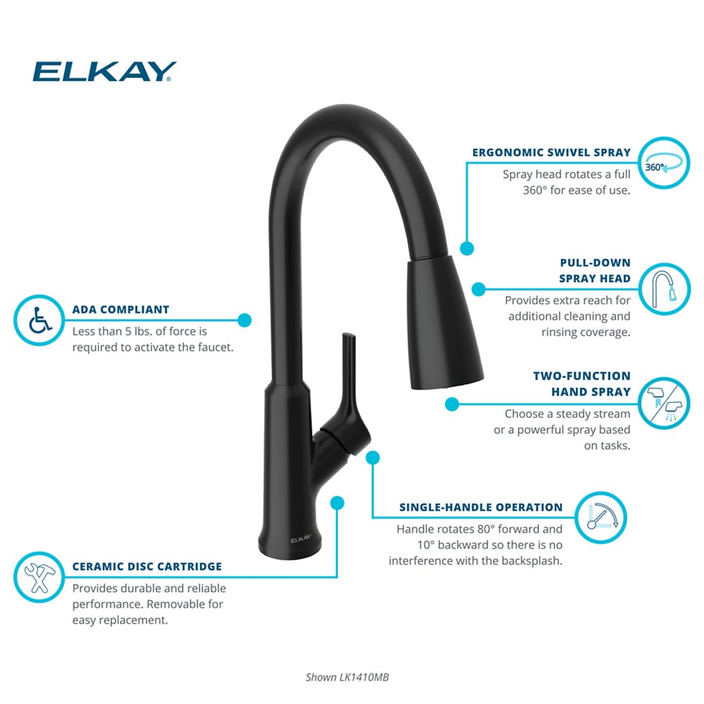 Elkay LK1410 Single-Handle 2-Setting Pull-Down Spray Kitchen Faucet (Various Finishes: Chrome, Matte Black, Lustrous Steel)